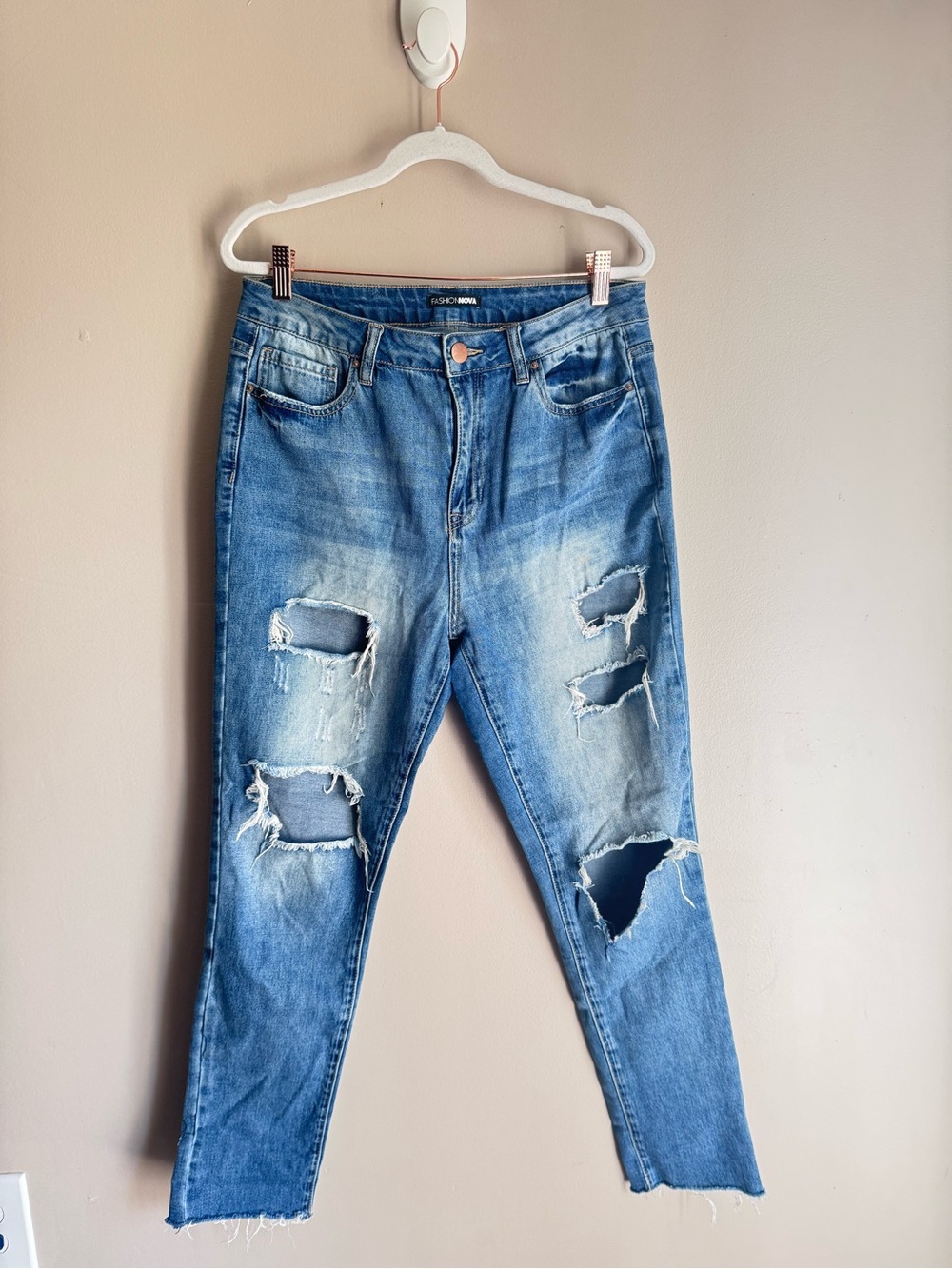 Fashion Nova Women Jeans Blue Cotton Blend High Rise Distressed Regular Denim 11